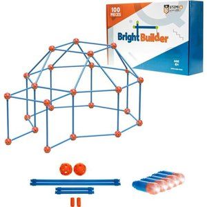 100 Pieces Fort Building Kit Plus 5 Light Set for Kids  - Blue and Red